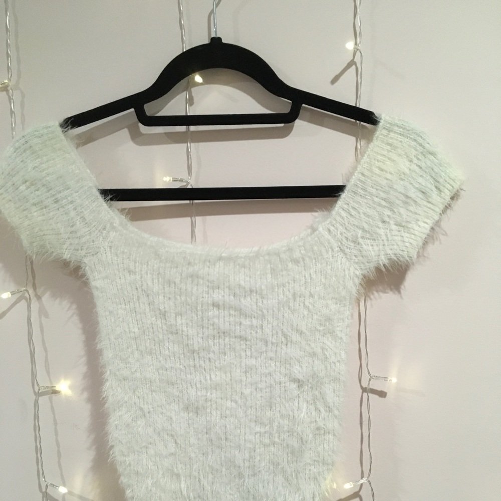 white short sleeve off the shoulder fluffy top